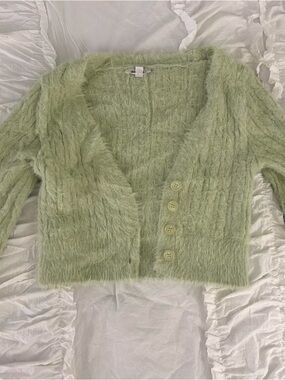 Garage Light Green Fuzzy V-Neck Button Cardigan